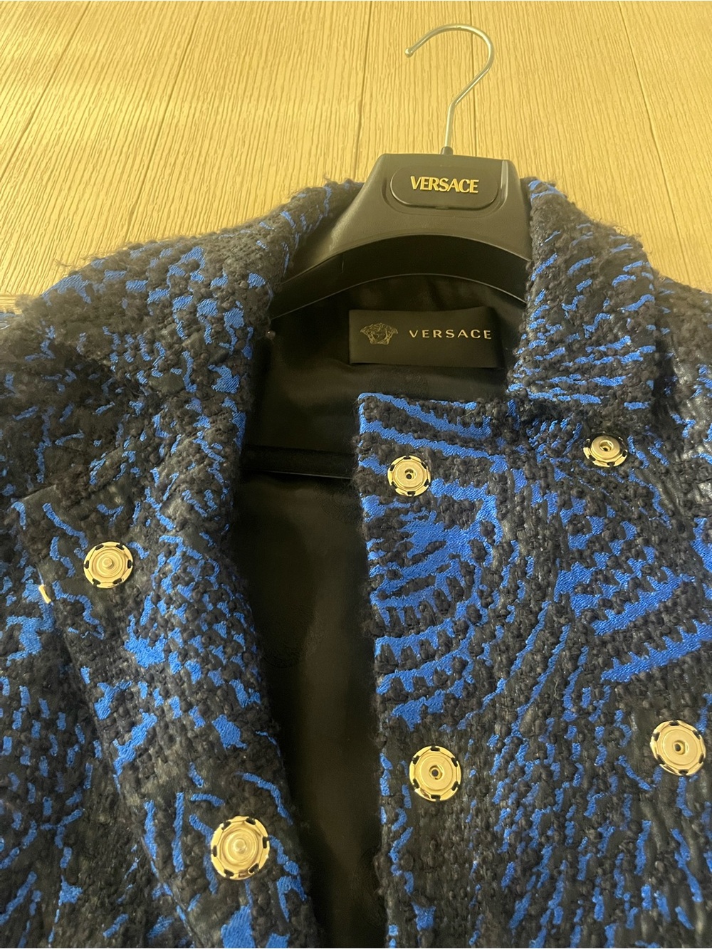 Versace electric blue and black bouclé wool coat